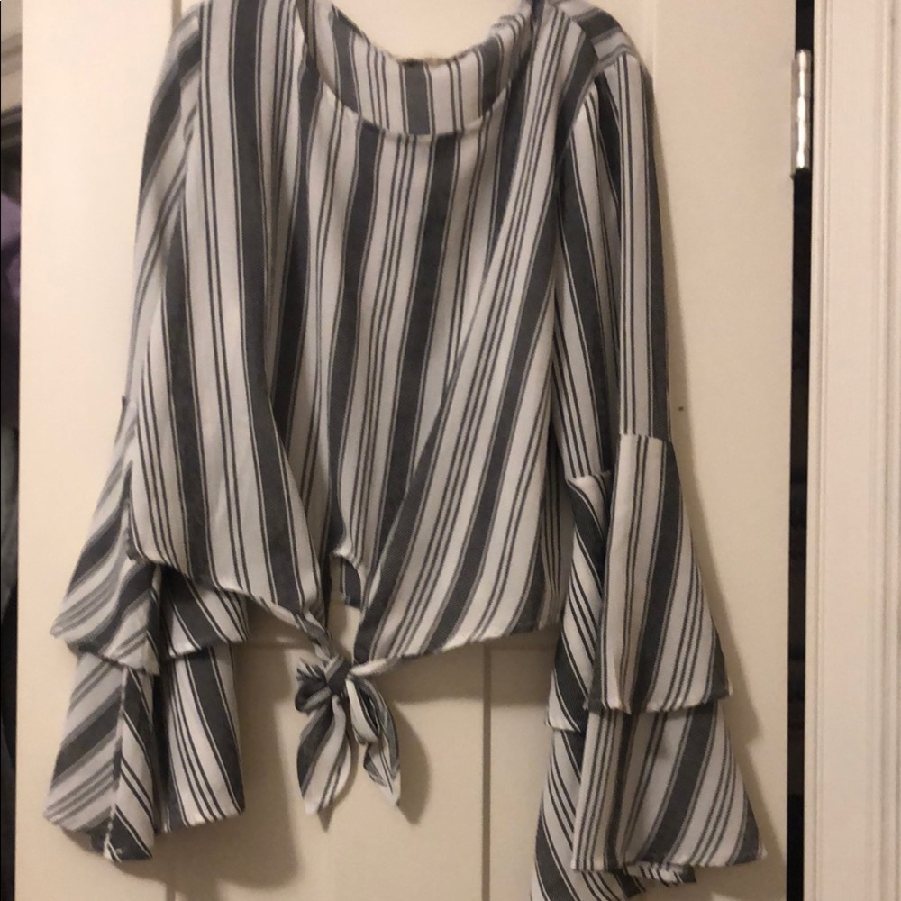 Altar'd State Black and Gray Bell Sleeve Tie-Front Blouse